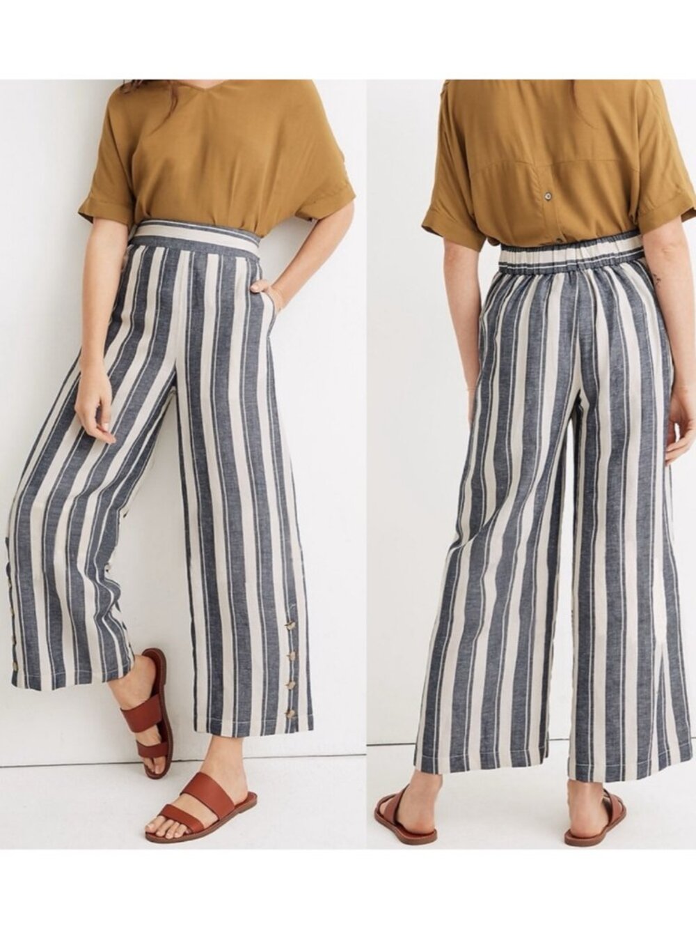 Madewell Side Button Huston Stripe Pull On Crop Wide Leg Pants in Women's Medium